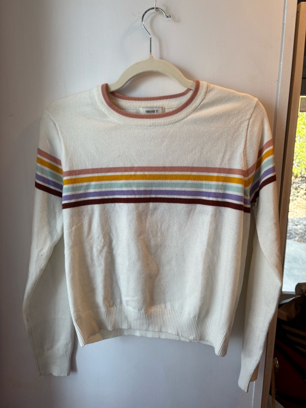 Forever 21 Cream Crewneck Sweater with Multicolor Stripes